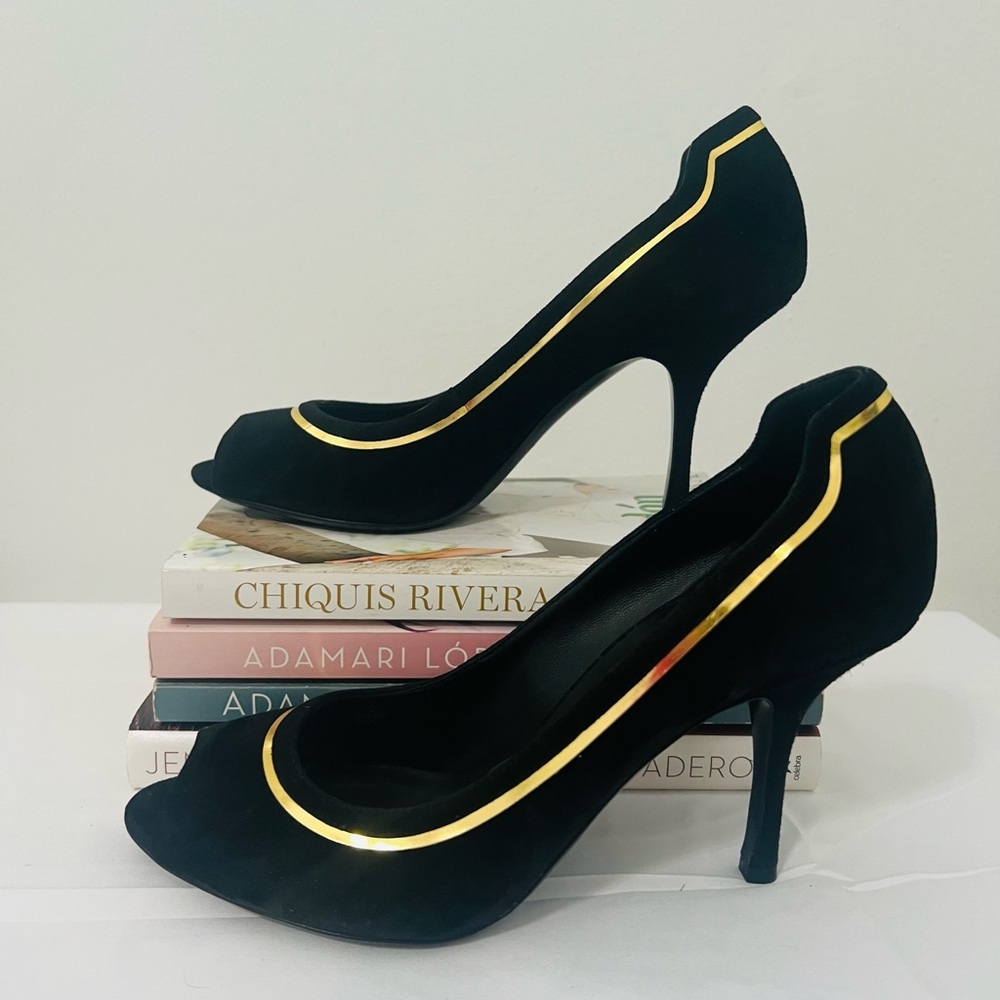 Giuseppe Zanotti Designer Womens Open Toe Pumps With Gold Accent Size US 10/IT40